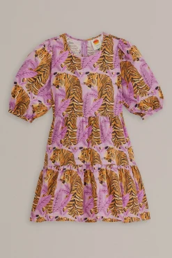 FARM Rio LAVENDER TIGER LEAVES PUFF SLEEVE MINI DRESS