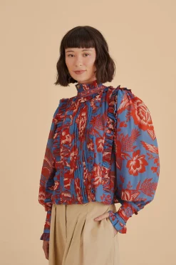 FARM Rio LIGHT BLUE LACE GARDEN RUFFLE BLOUSE