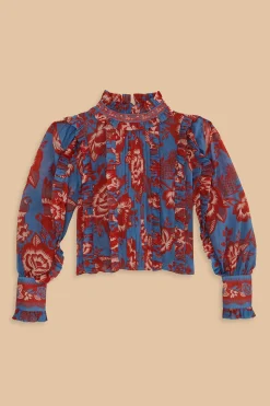 FARM Rio LIGHT BLUE LACE GARDEN RUFFLE BLOUSE
