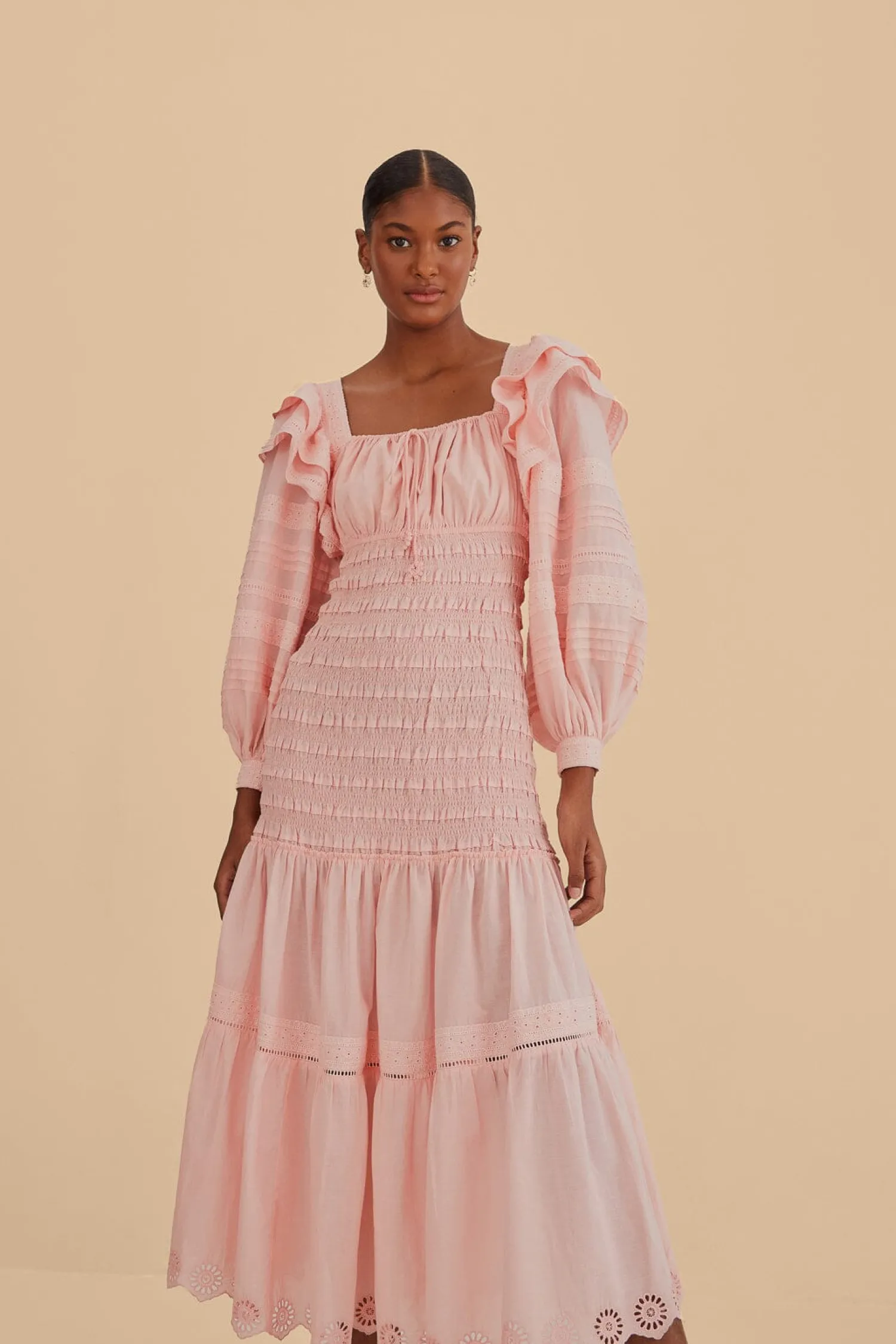 FARM Rio LIGHT PINK LONG SLEEVE SMOCKED MIDI DRESS