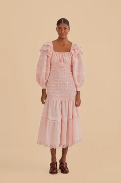 FARM Rio  LIGHT PINK LONG SLEEVE SMOCKED MIDI DRESS