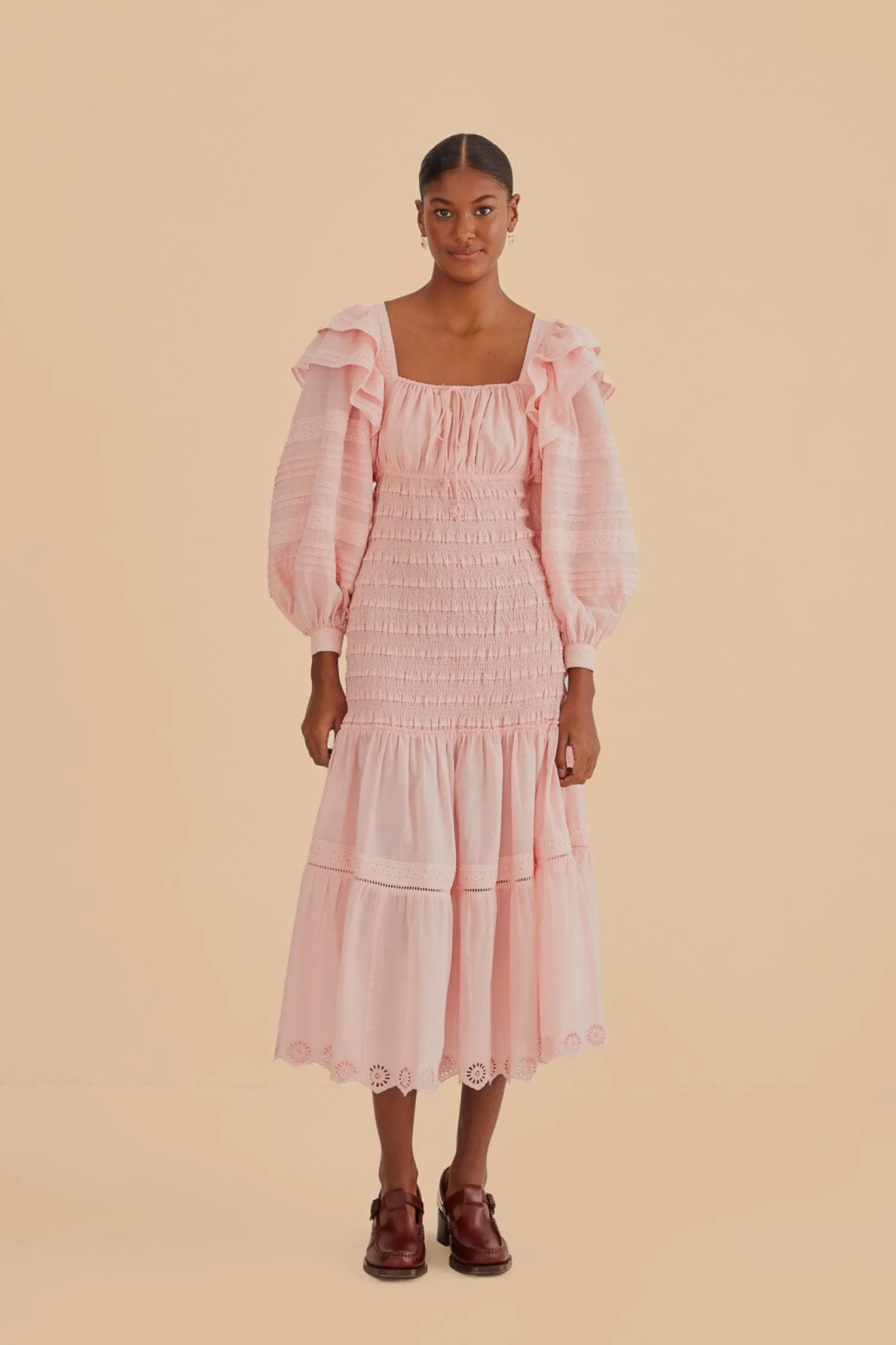 FARM Rio LIGHT PINK LONG SLEEVE SMOCKED MIDI DRESS