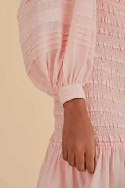 FARM Rio LIGHT PINK LONG SLEEVE SMOCKED MIDI DRESS