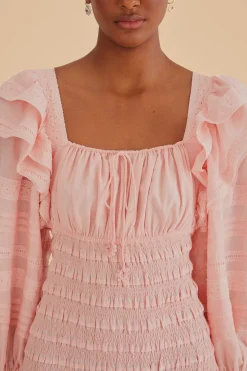 FARM Rio LIGHT PINK LONG SLEEVE SMOCKED MIDI DRESS