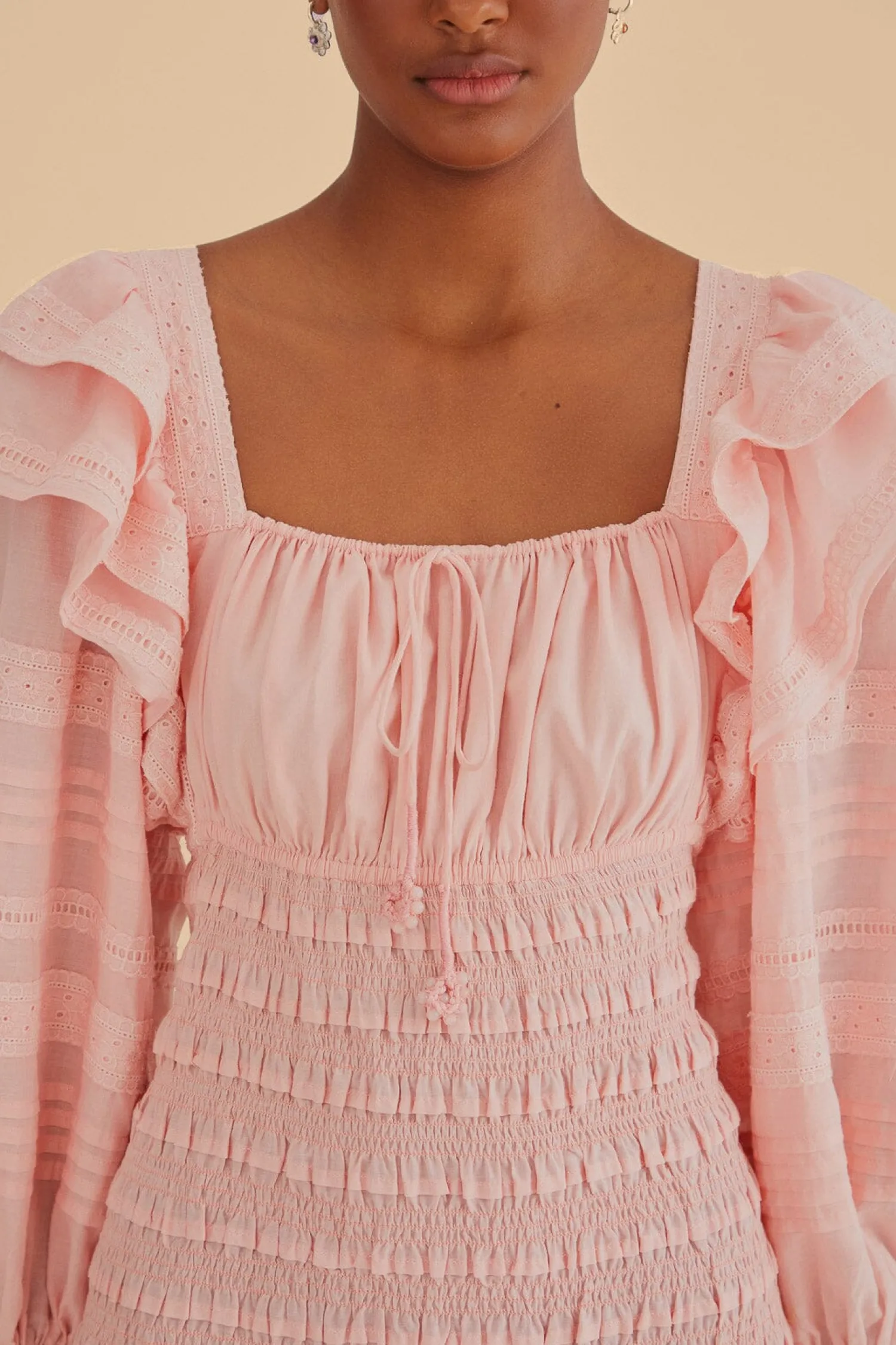 FARM Rio LIGHT PINK LONG SLEEVE SMOCKED MIDI DRESS