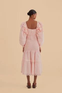FARM Rio LIGHT PINK LONG SLEEVE SMOCKED MIDI DRESS