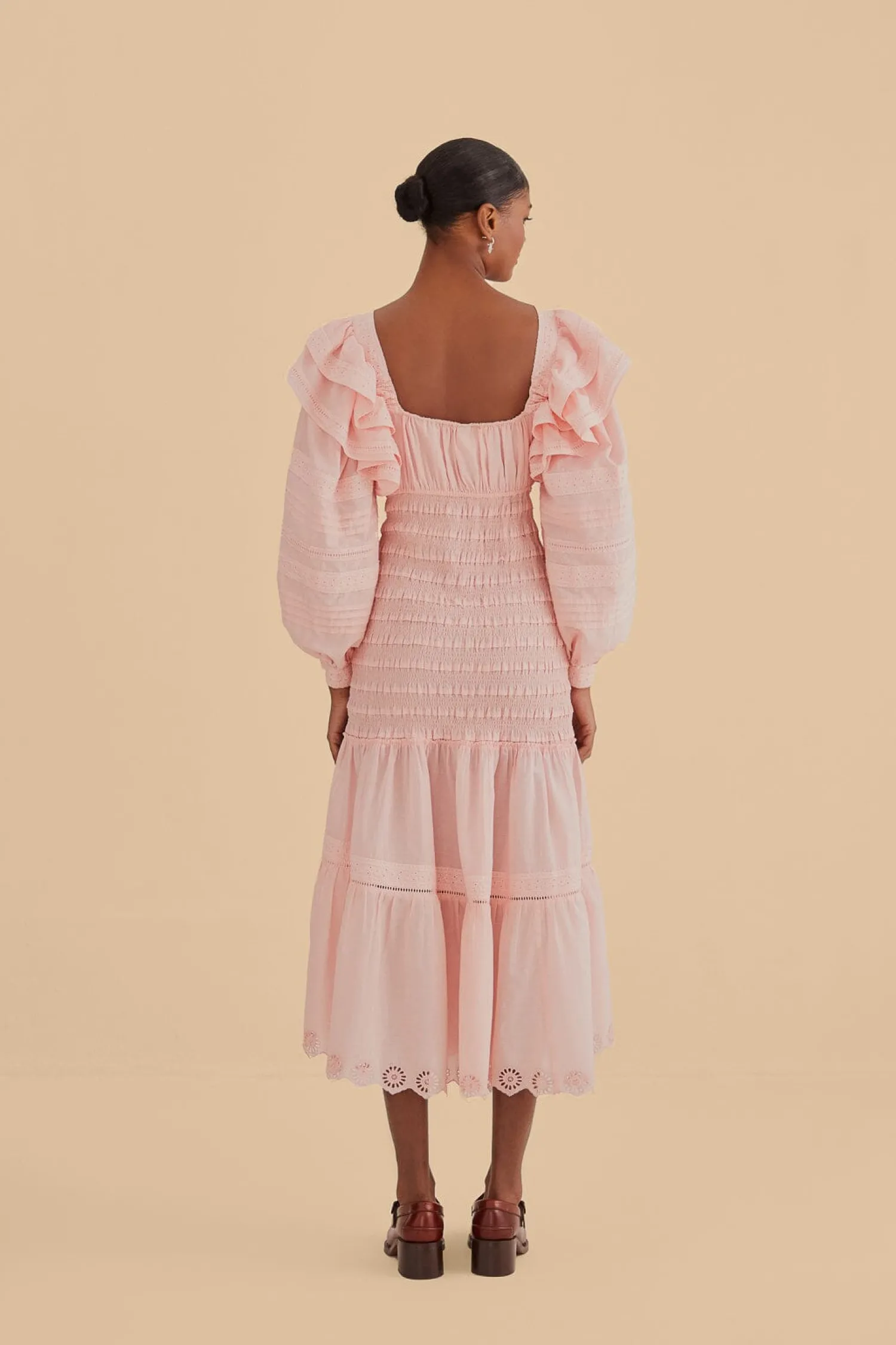 FARM Rio LIGHT PINK LONG SLEEVE SMOCKED MIDI DRESS