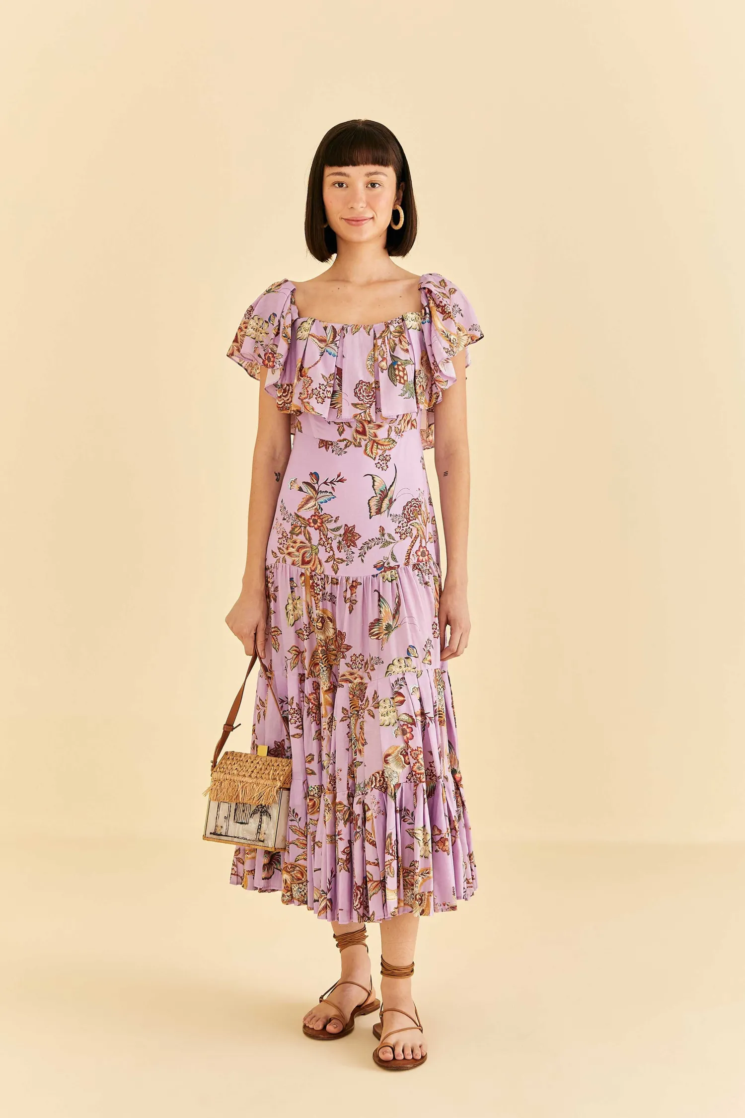 FARM Rio LILAC FLORAL MONKEY SHORT SLEEVE MAXI DRESS