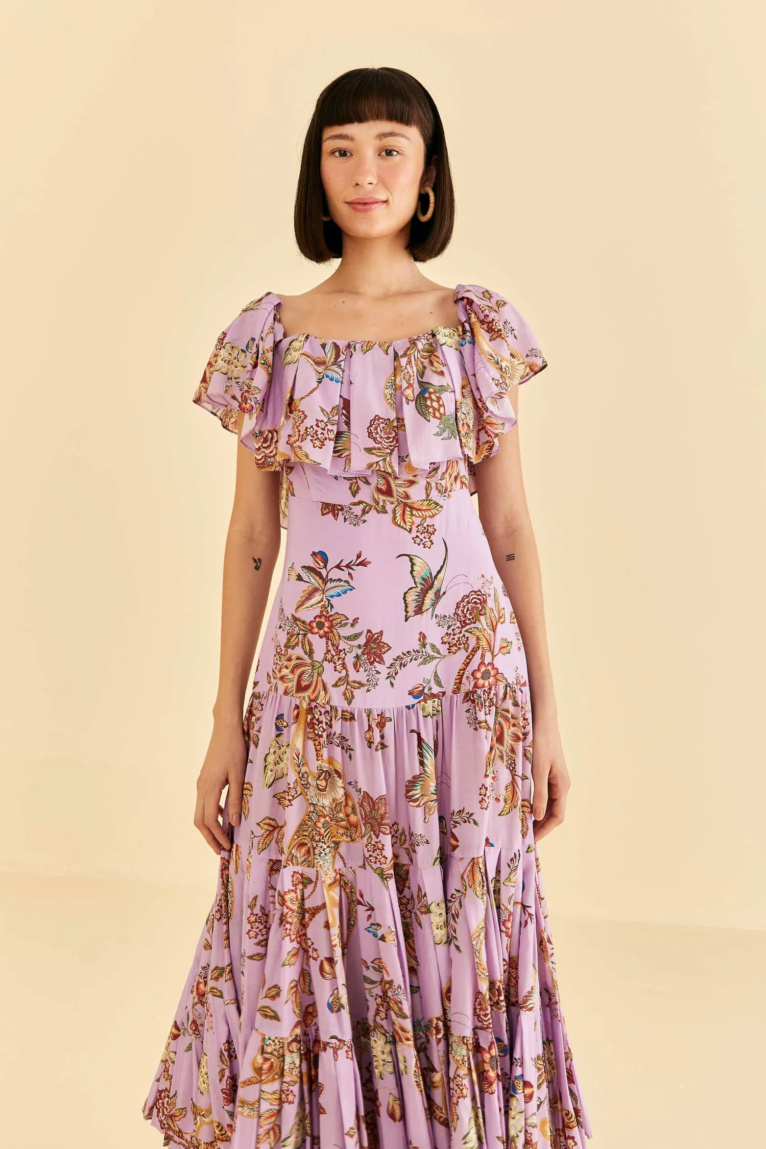 FARM Rio LILAC FLORAL MONKEY SHORT SLEEVE MAXI DRESS