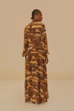 FARM Rio  MALOCAS BEIGE LONG SLEEVE MIDI DRESS