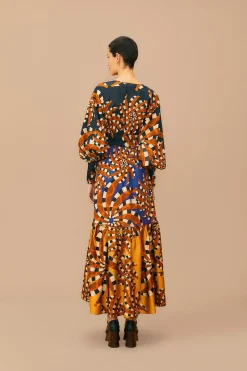 FARM Rio  MIXED BANANADA LONG SLEEVE MAXI DRESS