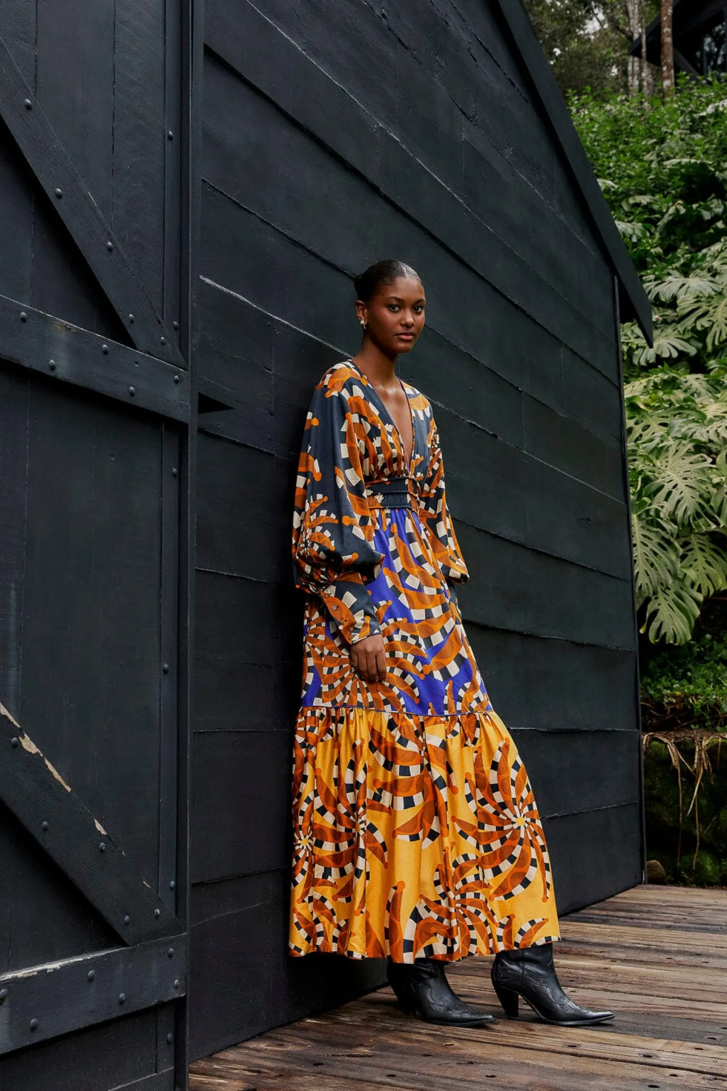 FARM Rio MIXED BANANADA LONG SLEEVE MAXI DRESS