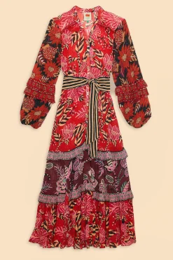 FARM Rio  MIXED FLORAL PRINTS LONG SLEEVE MAXI DRESS