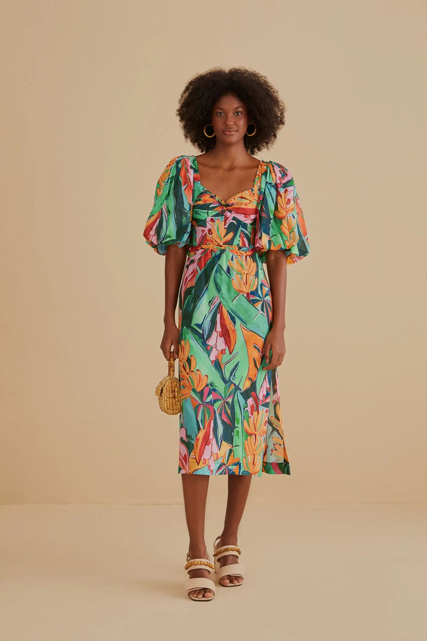 FARM Rio MULTICOLOR BANANA FOLIAGE PUFF SLEEVE MIDI DRESS