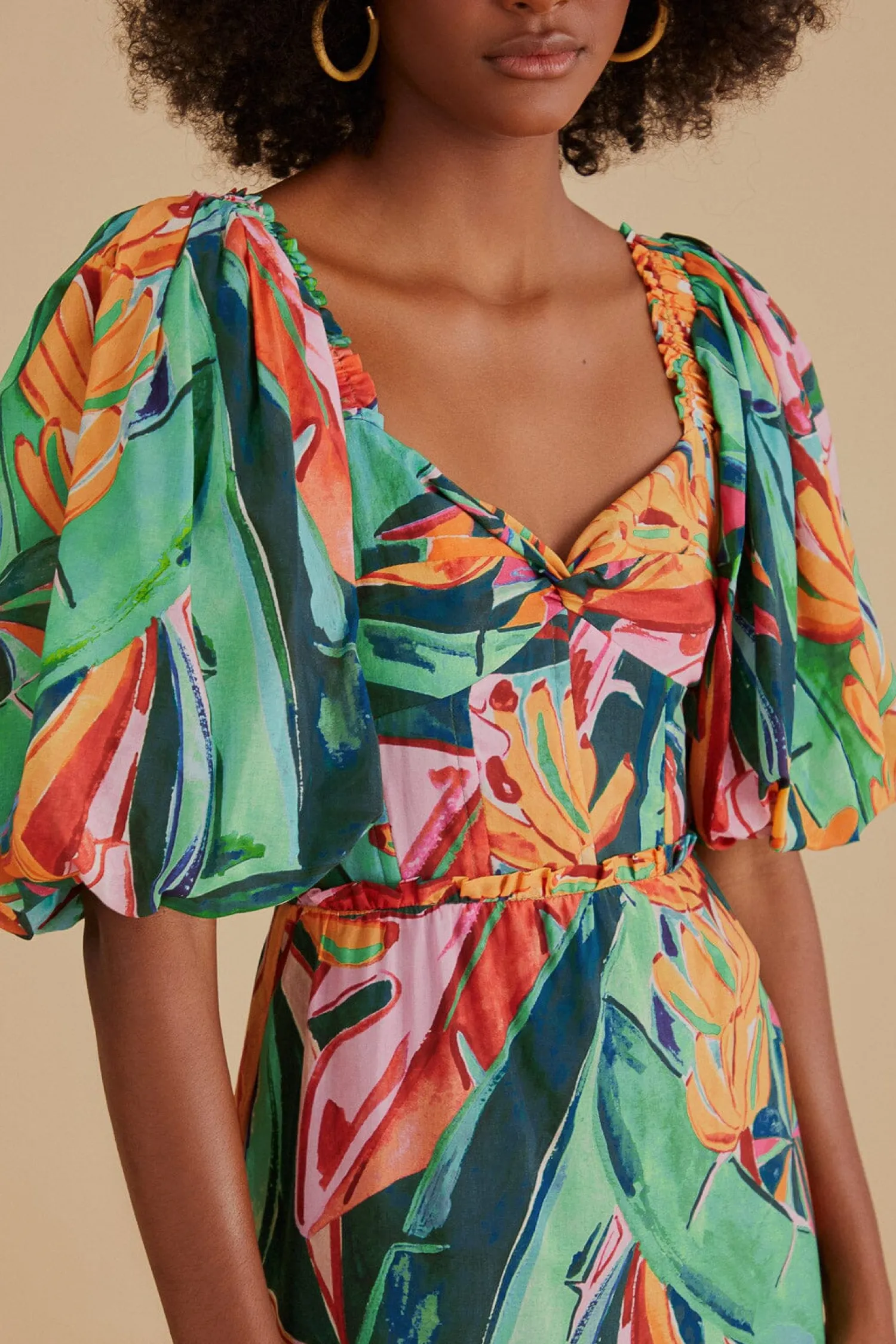 FARM Rio MULTICOLOR BANANA FOLIAGE PUFF SLEEVE MIDI DRESS