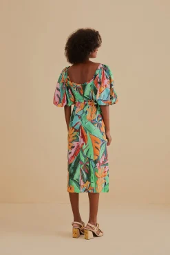 FARM Rio MULTICOLOR BANANA FOLIAGE PUFF SLEEVE MIDI DRESS