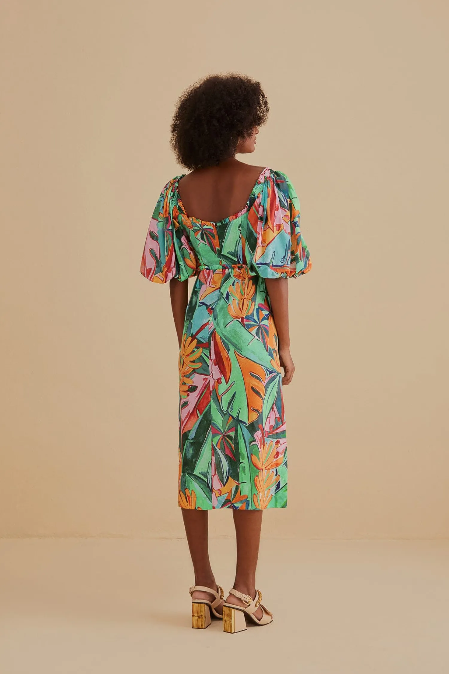 FARM Rio MULTICOLOR BANANA FOLIAGE PUFF SLEEVE MIDI DRESS