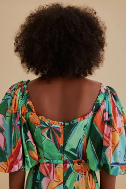 FARM Rio MULTICOLOR BANANA FOLIAGE PUFF SLEEVE MIDI DRESS