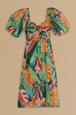 FARM Rio MULTICOLOR BANANA FOLIAGE PUFF SLEEVE MIDI DRESS