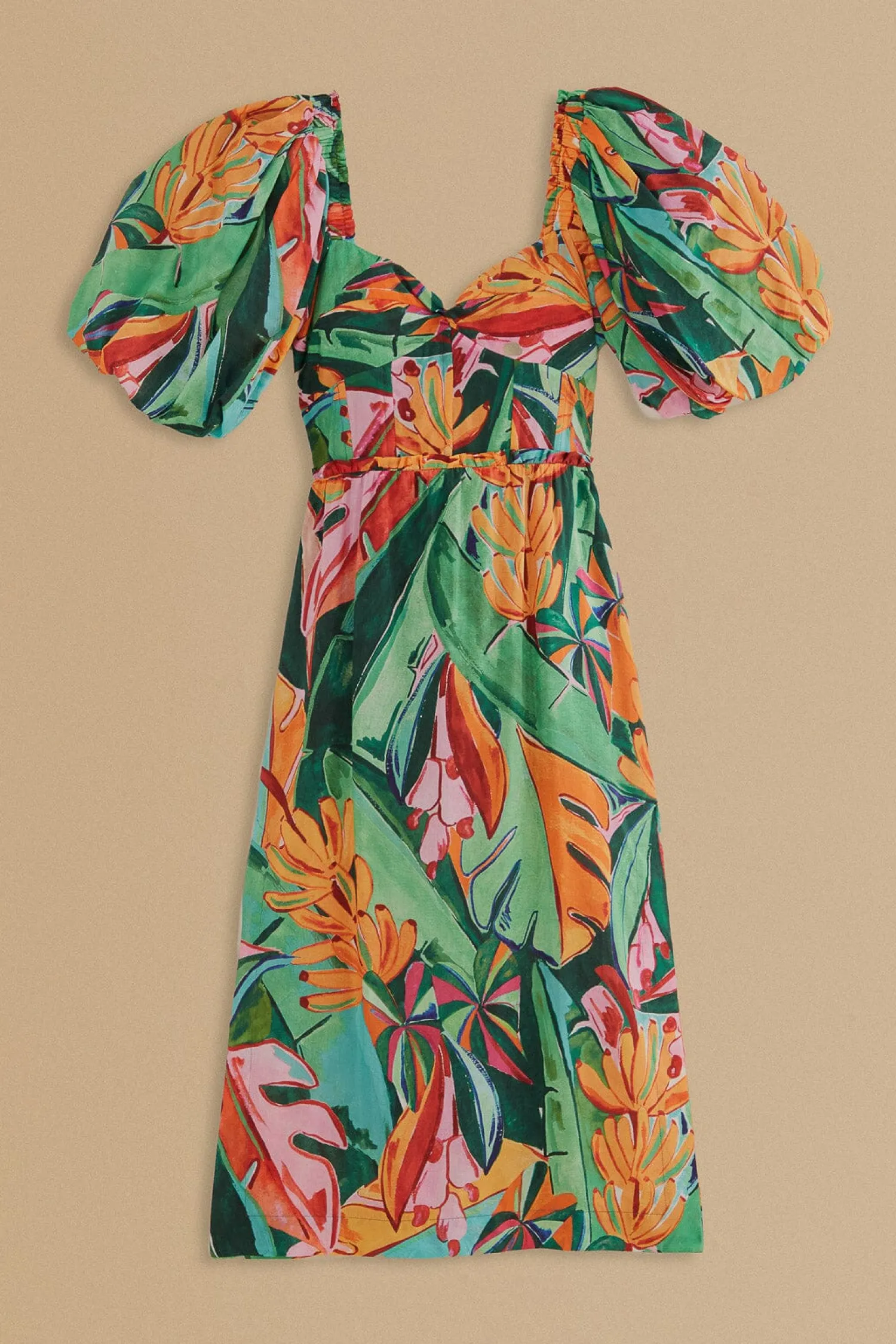 FARM Rio MULTICOLOR BANANA FOLIAGE PUFF SLEEVE MIDI DRESS