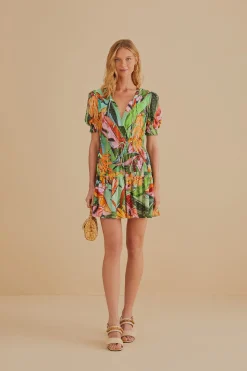 FARM Rio  MULTICOLOR BANANA FOLIAGE SHORT SLEEVE MINI DRESS