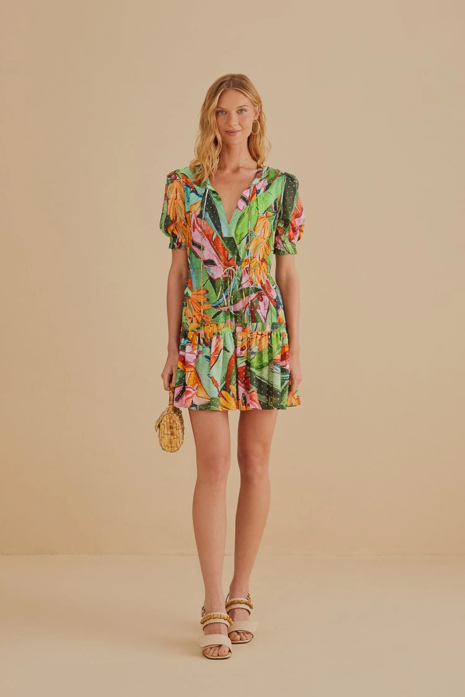 FARM Rio MULTICOLOR BANANA FOLIAGE SHORT SLEEVE MINI DRESS