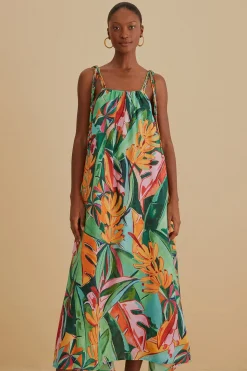 FARM Rio  MULTICOLOR BANANA FOLIAGE SLEEVELESS MIDI DRESS