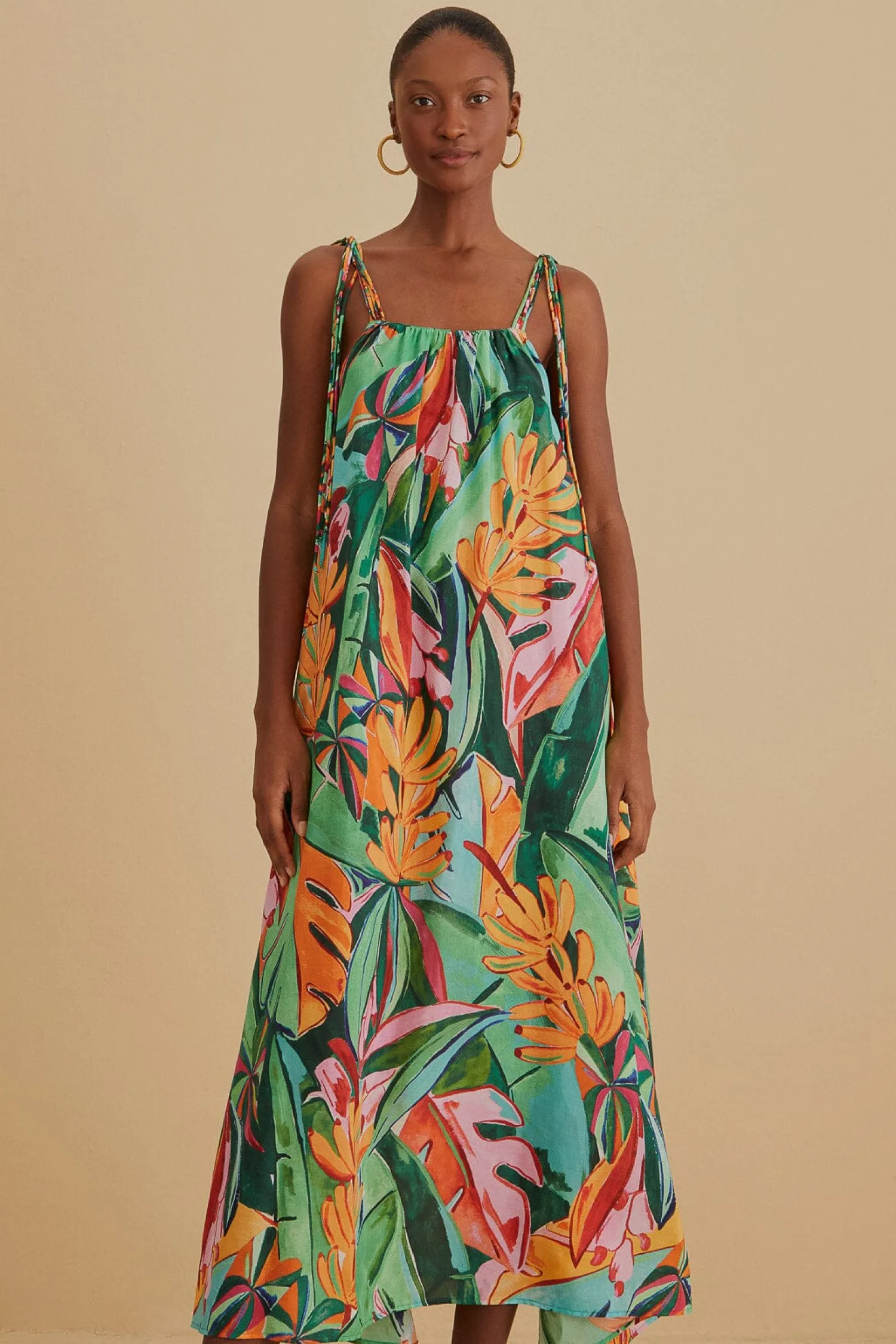 FARM Rio MULTICOLOR BANANA FOLIAGE SLEEVELESS MIDI DRESS