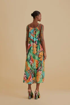 FARM Rio MULTICOLOR BANANA FOLIAGE SLEEVELESS MIDI DRESS