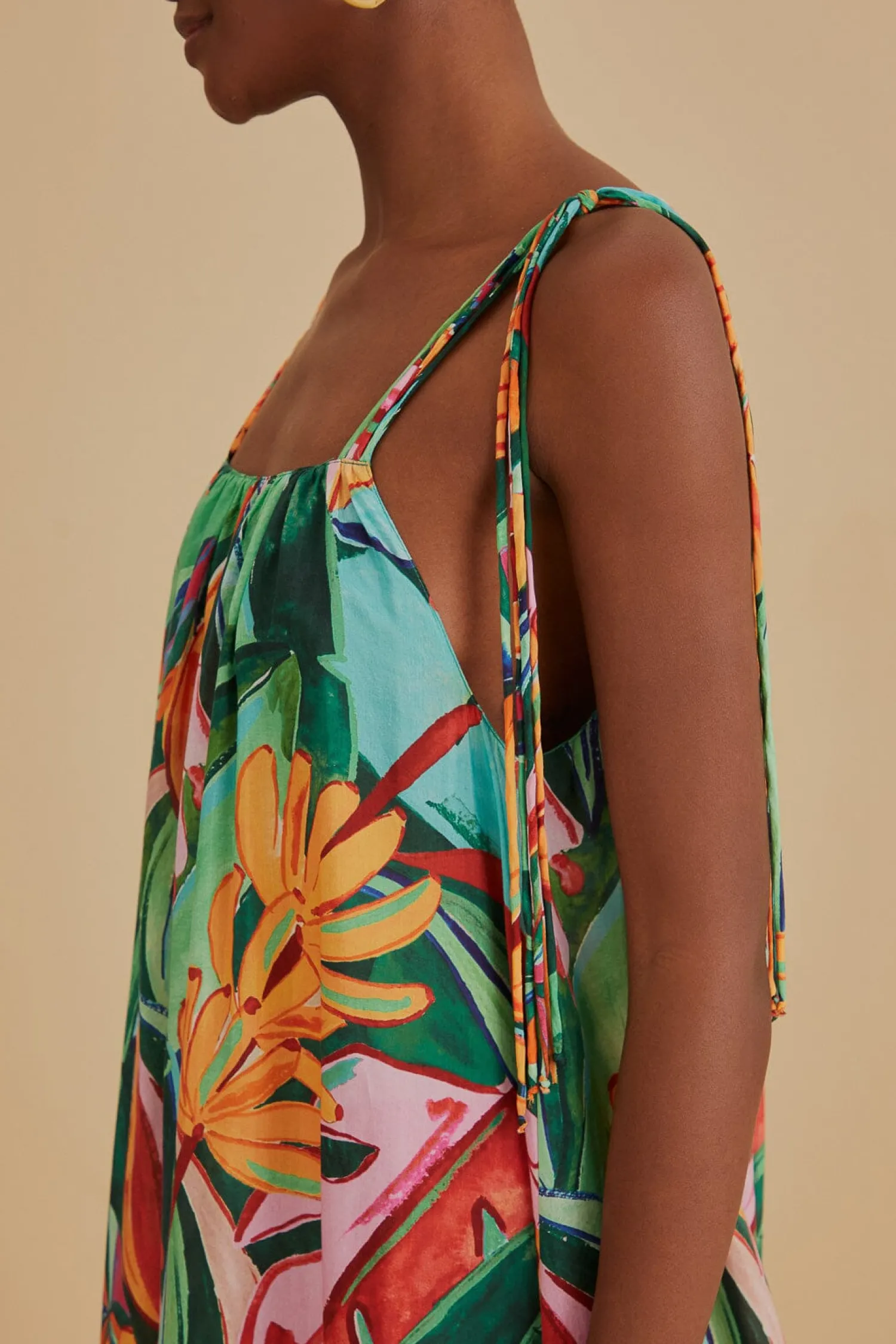 FARM Rio MULTICOLOR BANANA FOLIAGE SLEEVELESS MIDI DRESS