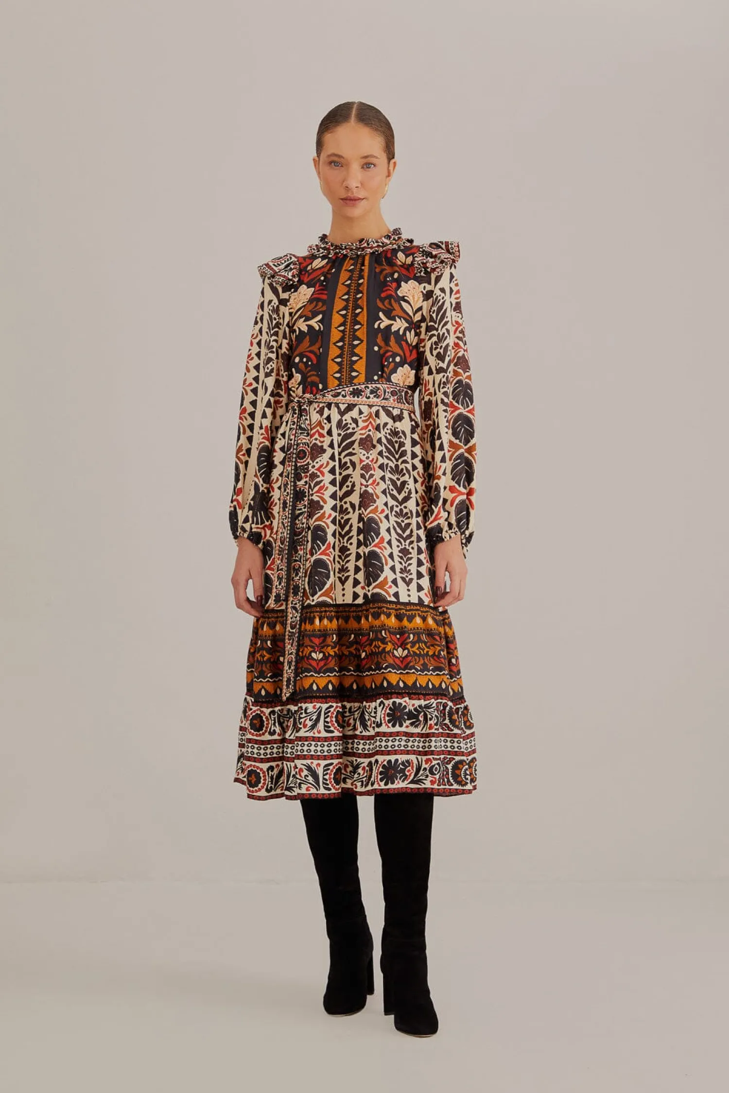 FARM Rio MULTICOLOR TAPESTRY GARDEN HIGH NECK MIDI DRESS