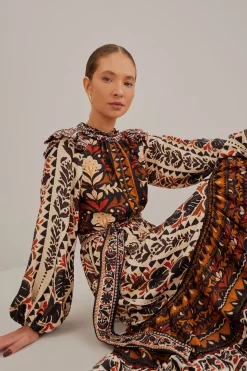FARM Rio MULTICOLOR TAPESTRY GARDEN HIGH NECK MIDI DRESS