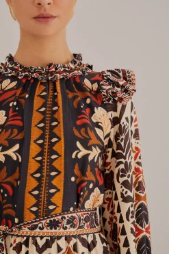 FARM Rio MULTICOLOR TAPESTRY GARDEN HIGH NECK MIDI DRESS