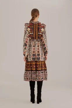 FARM Rio MULTICOLOR TAPESTRY GARDEN HIGH NECK MIDI DRESS