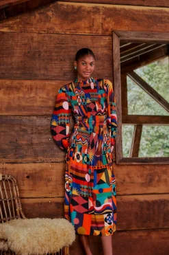 FARM Rio MULTICOLOR TROPICAL SHAPES LENZING™ ECOVERO™ VISCOSE MIDI DRESS