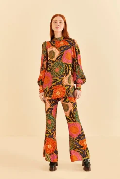 FARM Rio MULTICOLOR VINTAGE GARDEN SATIN FLARE PANTS