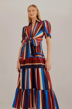FARM Rio  MULTICOLOR WINTER STRIPES SHORT SLEEVE MIDI DRESS