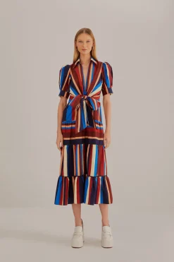 FARM Rio  MULTICOLOR WINTER STRIPES SHORT SLEEVE MIDI DRESS