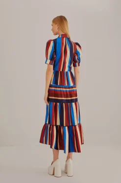 FARM Rio  MULTICOLOR WINTER STRIPES SHORT SLEEVE MIDI DRESS