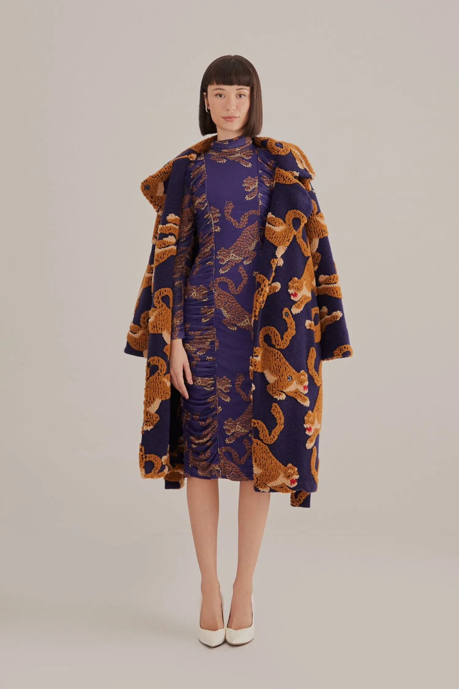 FARM Rio NAVY BLUE LEOPARDS HIGH NECK MIDI DRESS
