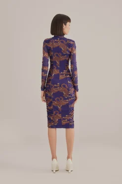 FARM Rio NAVY BLUE LEOPARDS HIGH NECK MIDI DRESS