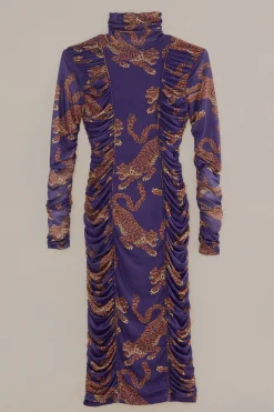 FARM Rio NAVY BLUE LEOPARDS HIGH NECK MIDI DRESS
