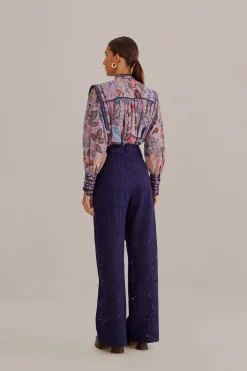 FARM Rio  NAVY BLUE PINEAPPLE EYELET PANTS