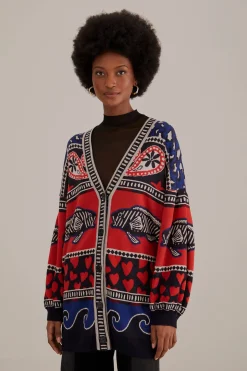 FARM Rio NAVY MIXED PRINTS KNIT CARDIGAN