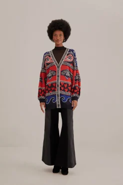 FARM Rio  NAVY MIXED PRINTS KNIT CARDIGAN