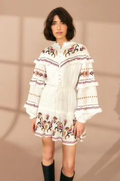 FARM Rio OFF-WHITE EMBROIDERED HORSES RUFFLE MINI DRESS