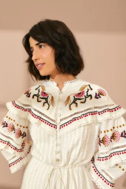 FARM Rio  OFF-WHITE EMBROIDERED HORSES RUFFLE MINI DRESS