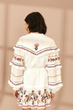 FARM Rio  OFF-WHITE EMBROIDERED HORSES RUFFLE MINI DRESS