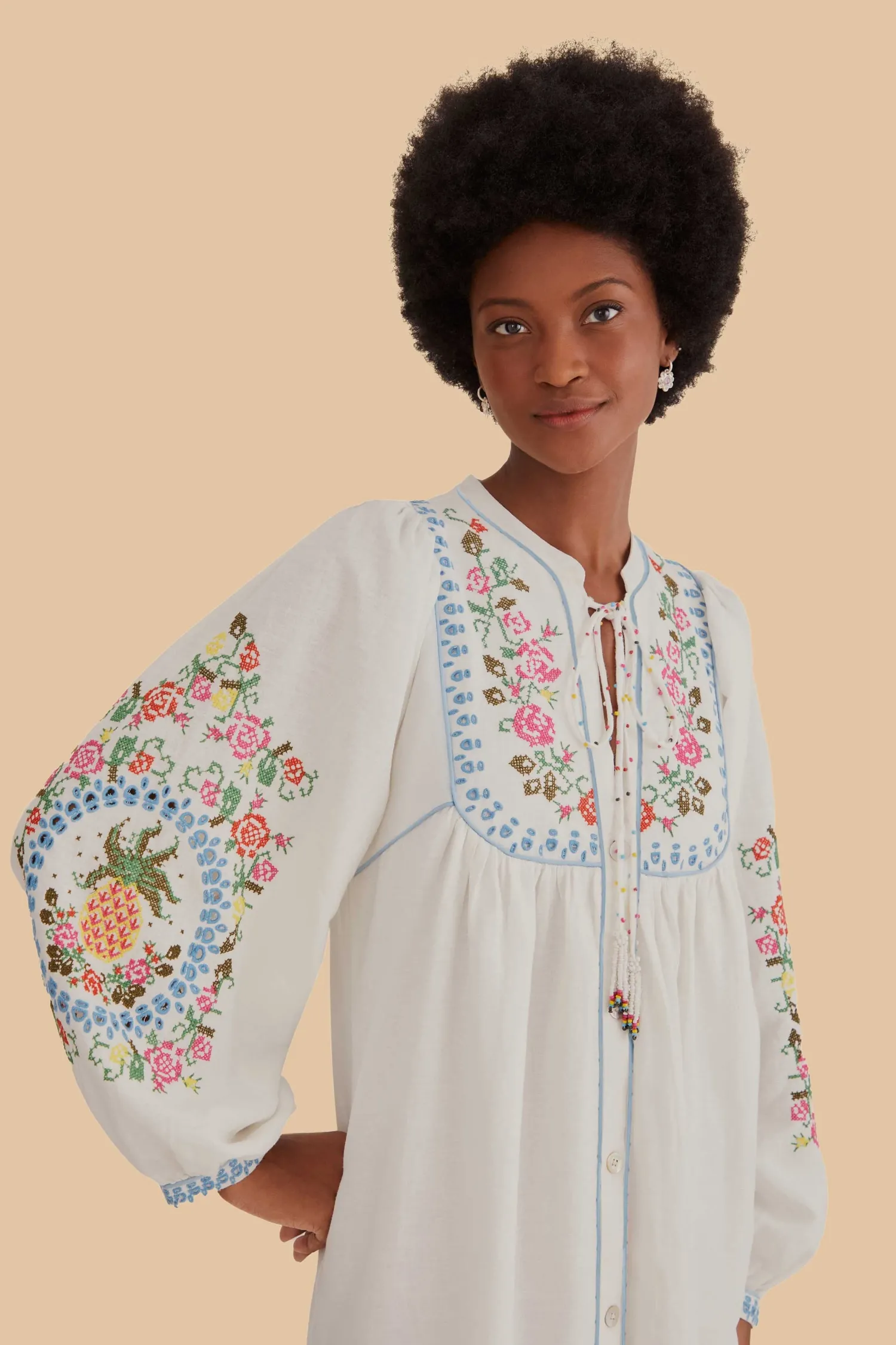FARM Rio OFF-WHITE EMBROIDERED MIDI DRESS