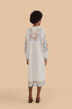 FARM Rio OFF-WHITE EMBROIDERED MIDI DRESS